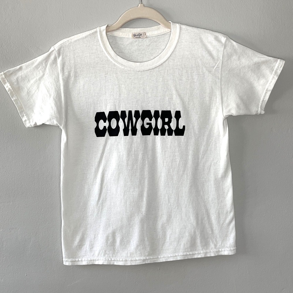 John Galt T-Shirt Cropped White Crew Neck "Cowgirl" Graphic Print One-Size